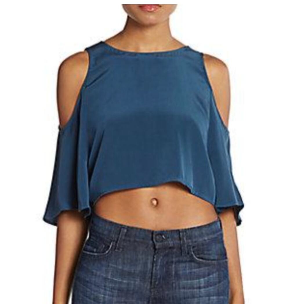 Elle Sasson 100% Silk Teresa Navy Blue Cold Shoulder Flutter Keyhole Crop Blouse